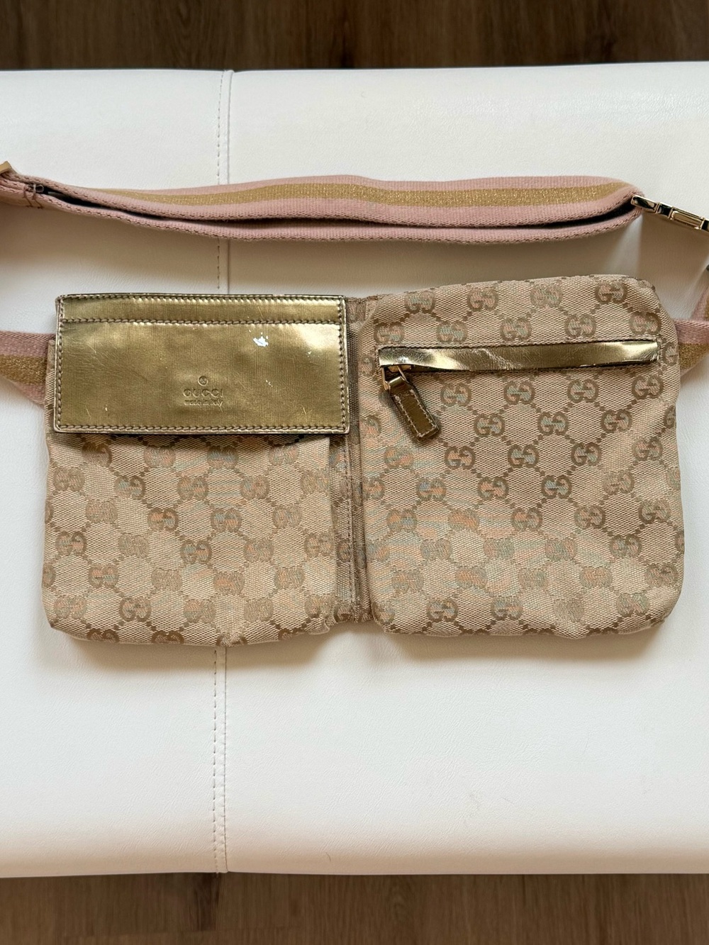 Gucci Pink and Gold GG Canvas Wristlet Clutch